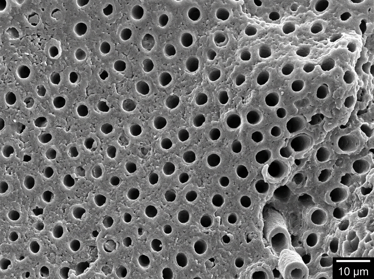 Scanning electron micrograph (SEM) showing cross-section of exposed human dentinal tubules with open porous micro-channels under high magnification