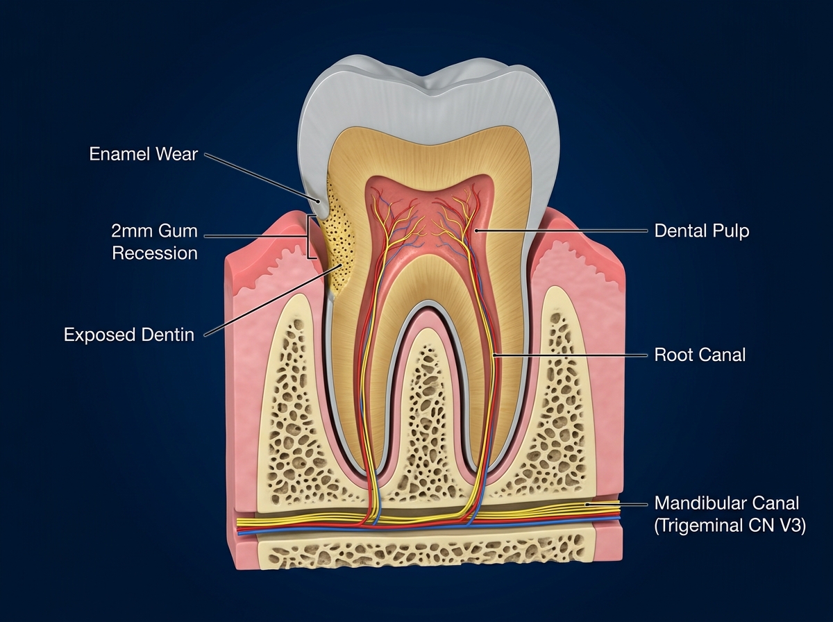 High-detail 3D anatomical cross-section of a human tooth showing gum recession, exposed dentinal tubules at the cervical root, and pulp nerve pathways connecting into the horizontal mandibular nerve canal (Trigeminal nerve CN V3)
