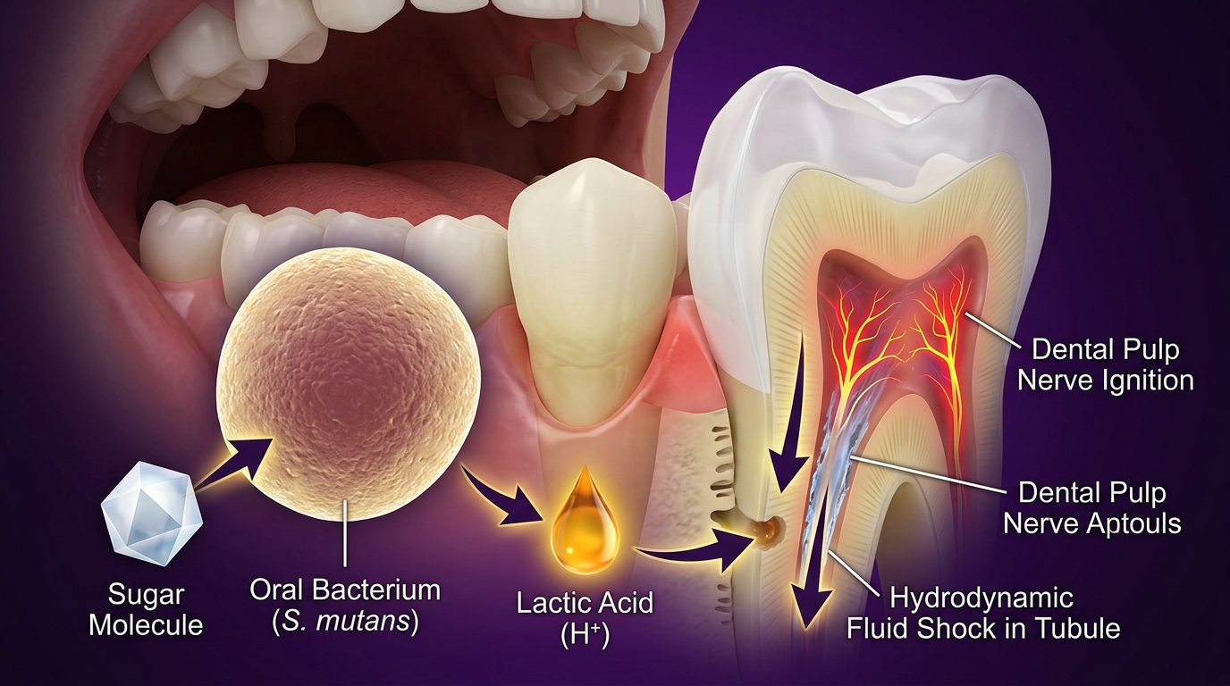 Step-by-step 3D medical diagram of an oral bacterium consuming a sugar molecule, excreting lactic acid, and triggering hydrodynamic fluid shock in exposed dentinal tubules