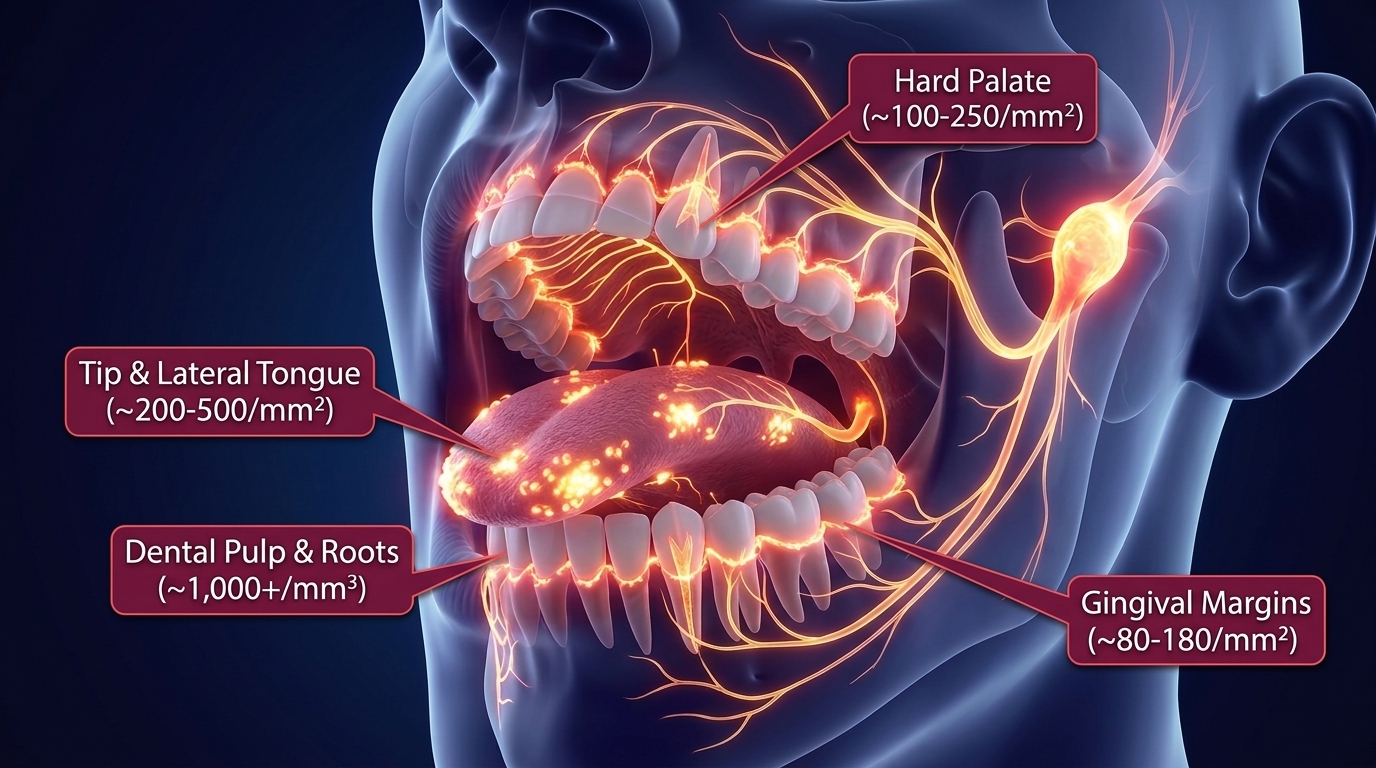 3D medical anatomical visualization of the human oral cavity showing the dense distribution of Acid-Sensing Ion Channels on the tongue, dental pulp, and hard palate connecting to the Trigeminal ganglion